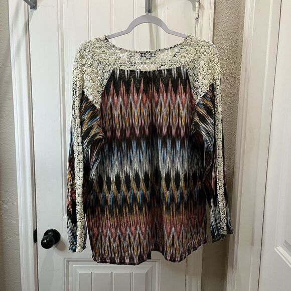New Direction Multicolor Striped Crochet Neck Sleeves Boho Hippie Top Womens 1X - Picture 6 of 9